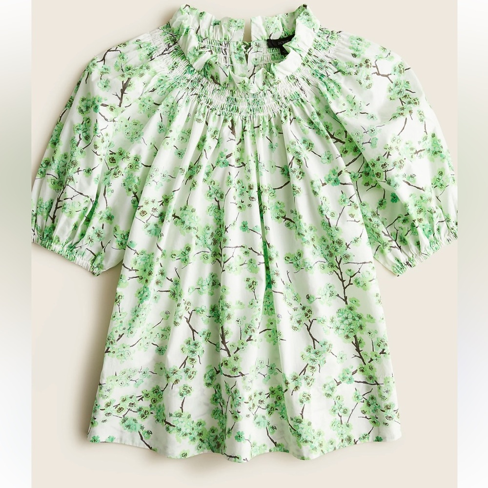 J. Crew White Puff Sleeve Blouse with Light Green Floral Cherry Blossom Print